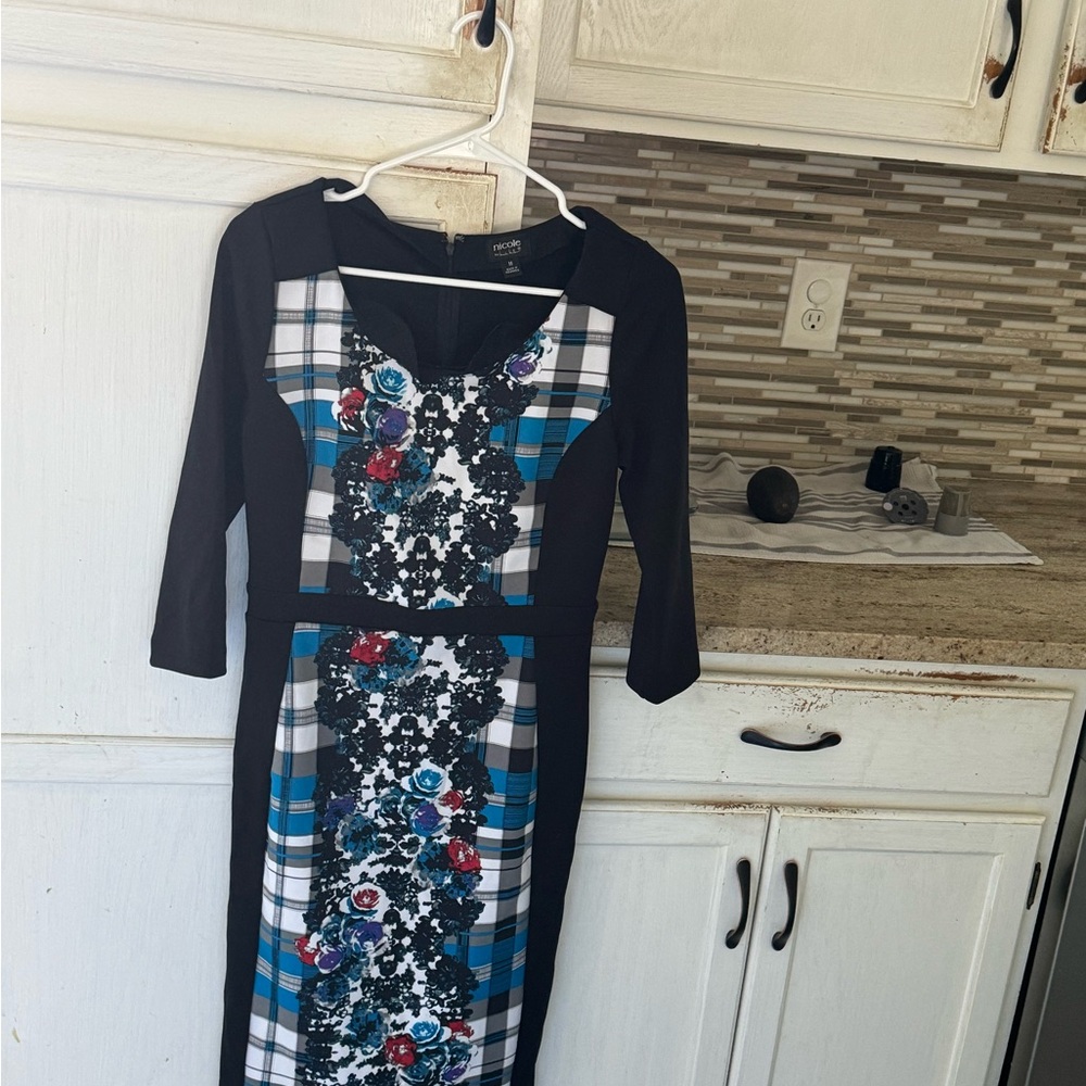 Nicole Black and Blue Floral Plaid Dress
